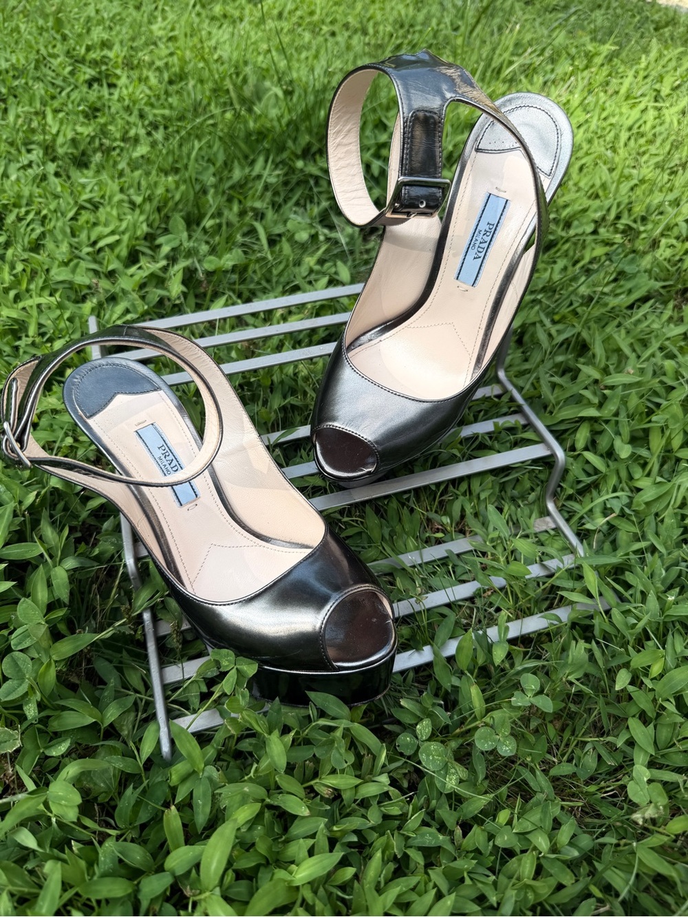Prada Metallic Silver Peep-Toe Slingback Heels
